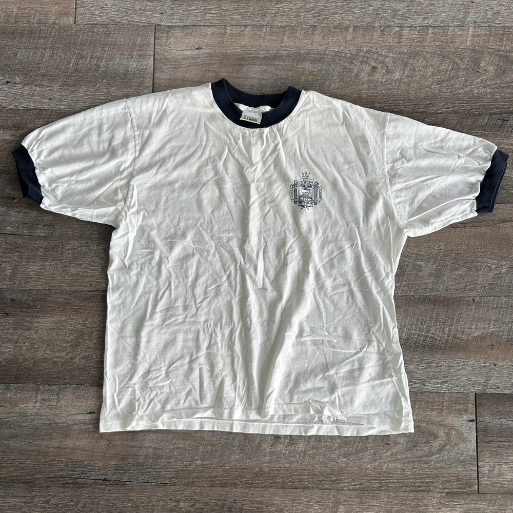 VTG 90s US Naval Academy Ringer T Shirt Mens L White Navy Crest Graphic USA